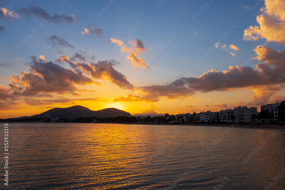 Port d'Alcudia in evening during sunset. Mallorca island, Spain. 