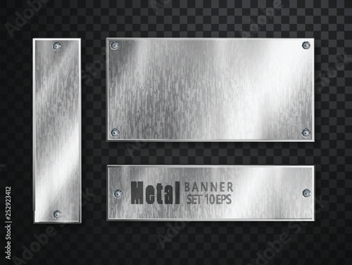 Metal banners set realistic. Vector Metal brushed plates with a place for inscriptions isolated on transparent background. Realistic 3D design. Stainless steel background.