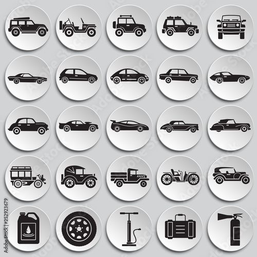 Cars icons set on plates background for graphic and web design. Simple vector sign. Internet concept symbol for website button or mobile app.
