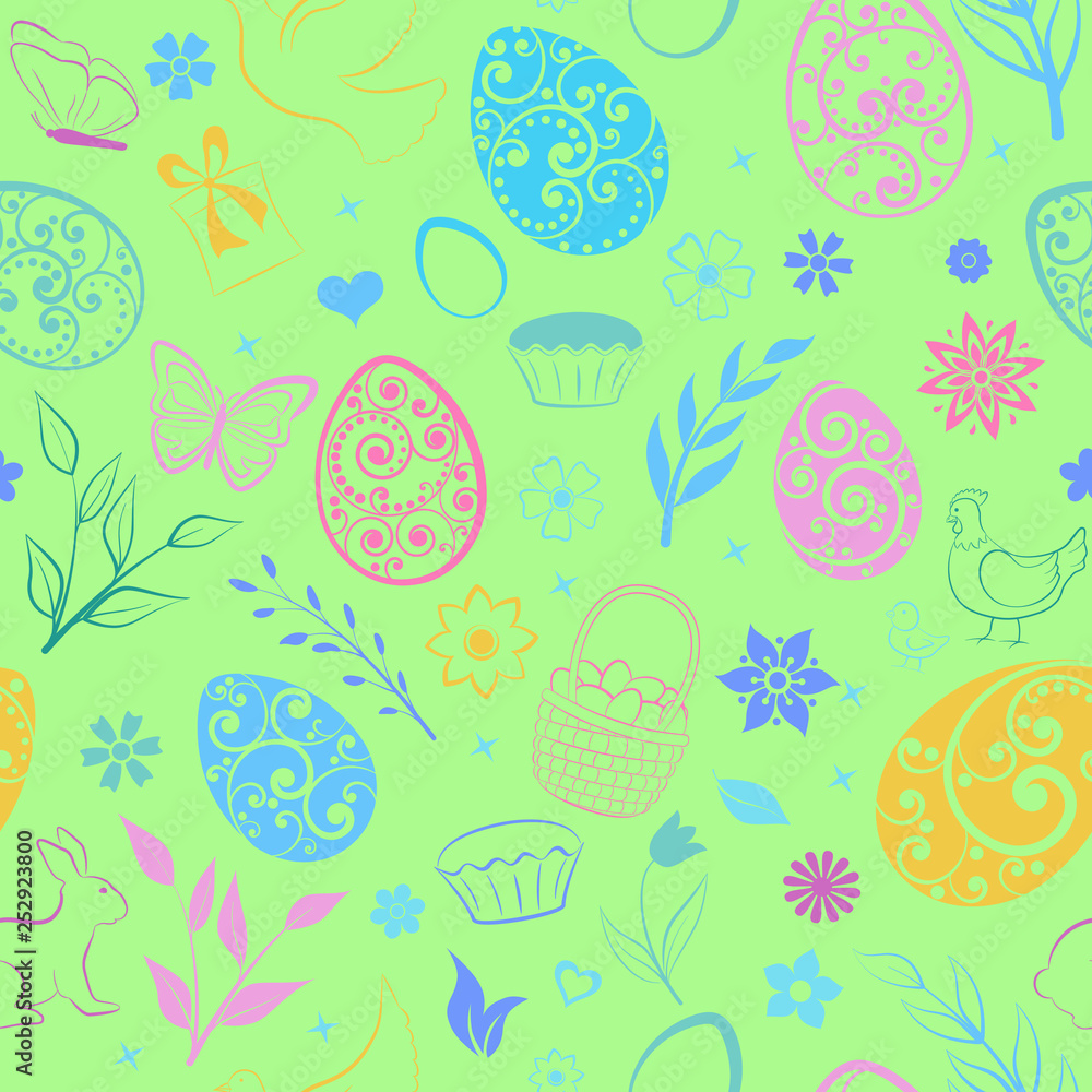 Seamless pattern of eggs, flowers, cakes, hen, chicken and other Easter symbols, multicolored on green