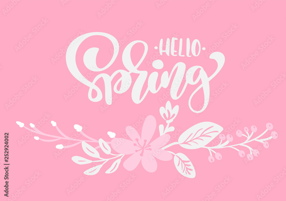Bouquet of flowers vector greeting card with text Hello Spring. Isolated flat illustration on pink background. Spring scandinavian hand drawn nature design