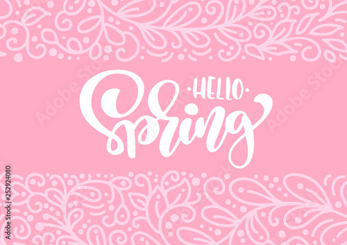 Vector greeting card with text Hello Spring. Isolated flat illustration frame on pink background. Spring scandinavian hand drawn nature design ornament