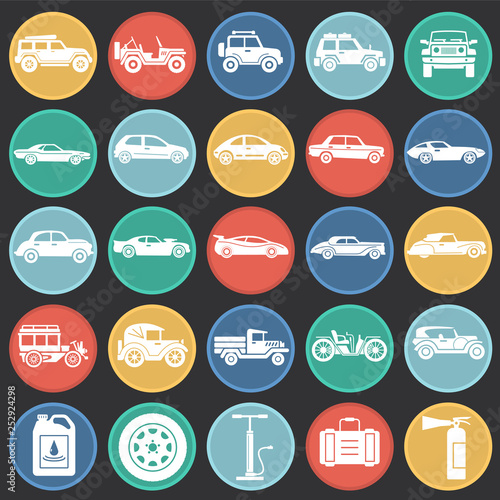 Cars icons set on color circles background for graphic and web design. Simple vector sign. Internet concept symbol for website button or mobile app.