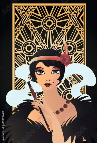 Art Deco vector greeting card template. Beautiful woman with a cigarette from the 1930s. Chicago. Golden abstract geometric background. Art deco style, trendy vintage design element. Gatsby style.