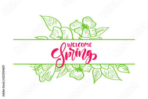 Bouquet of flowers vector greeting card with red handwritten text Hello Spring. Isolated flat frame illustration on white background. Scandinavian hand drawn nature design