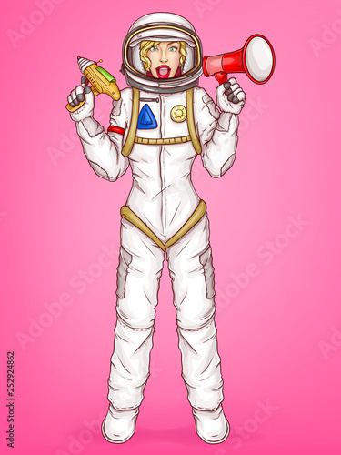 Vector pop art surprised astronaut woman in space suit holds megaphone, alien gun. Cartoon character in helmet, uniform with loud-hailer to announce sales. Blonde girl, spacewoman on pink background.
