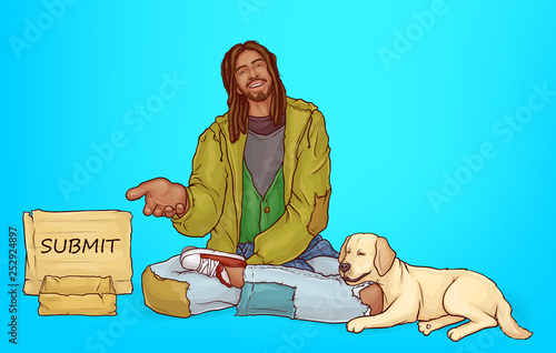 Vector illustration of beggar, homeless poor African guy with dog, animal pet. Street bum begs for money, isolated on blue background. Dirty man with cracks, holes in clothes. Social problem concept