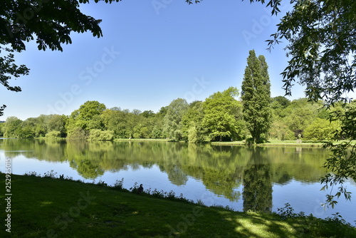 Bois luxuriant avec tilleuls se reflétant dans l'étang principal du domaine provincial de Rivierenhof à Anvers photo