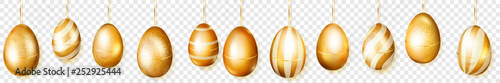Horizontal banner of golden Easter eggs with stripes and without hanging on transparent background