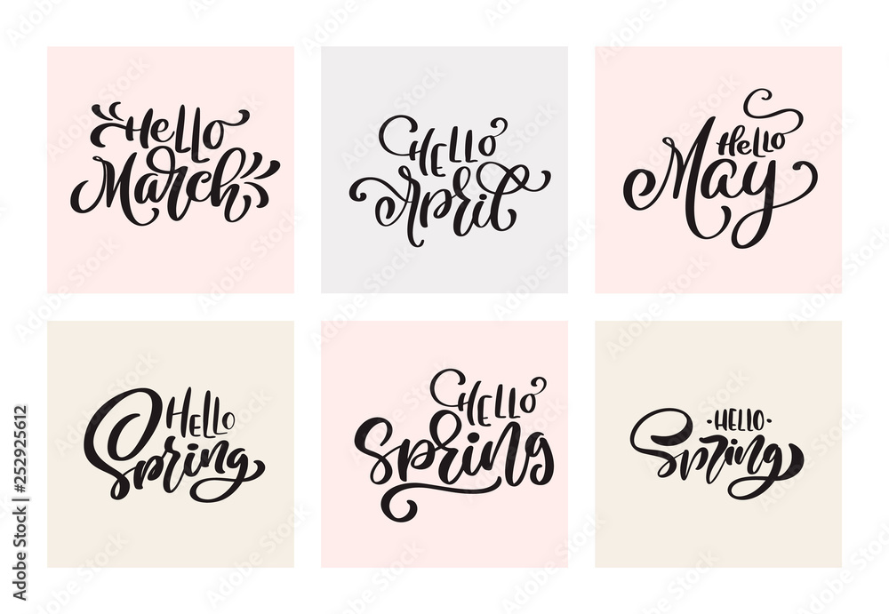 Set of Spring Calligraphy lettering phrases. Vector Hand Drawn Isolated scandinavian text March, April, May. Cute vintage design for greeting card, scrapbook, print