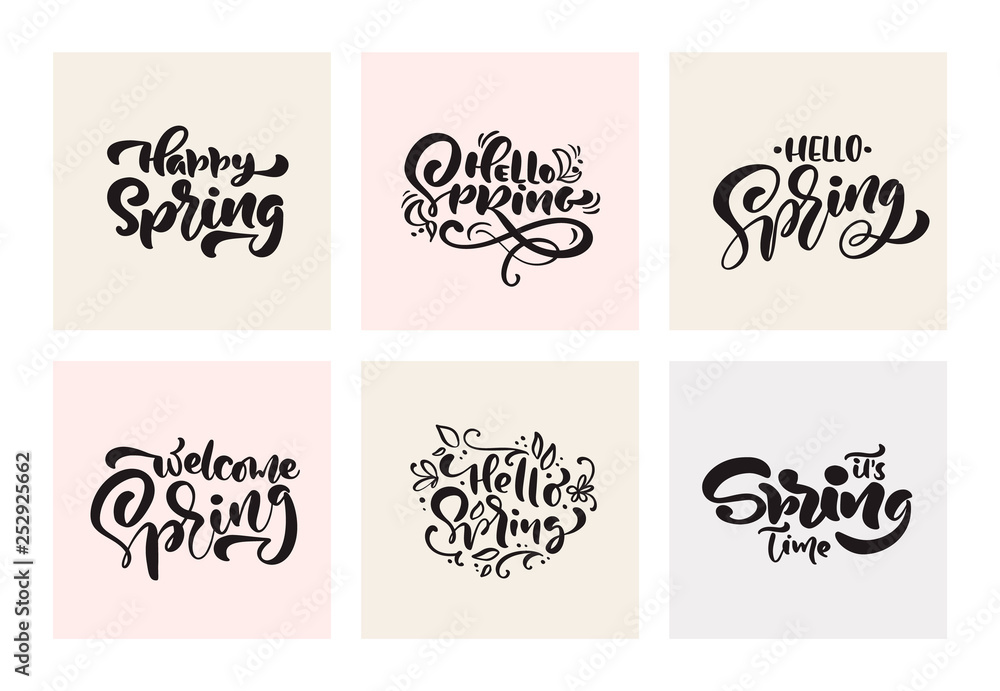 Set of Spring Calligraphy lettering handwritten phrases. Vector Hand Drawn Isolated scandinavian text kit. Cute vintage design for greeting card, scrapbook, print