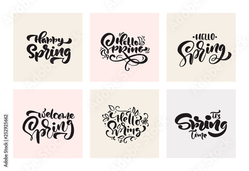 Set of Spring Calligraphy lettering handwritten phrases. Vector Hand Drawn Isolated scandinavian text kit. Cute vintage design for greeting card  scrapbook  print