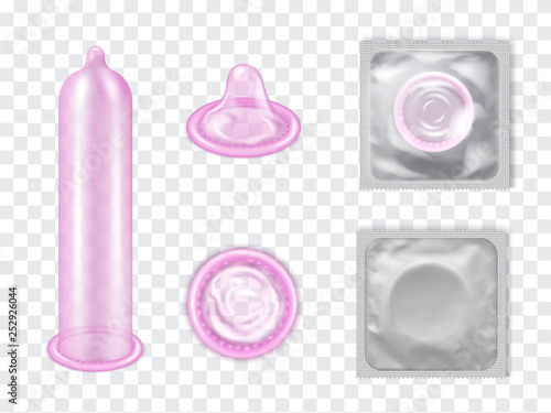 Realistic 3D Detailed Latex Condom Vector Set.