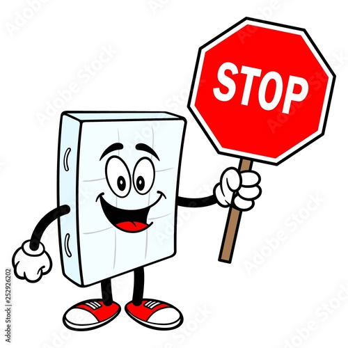 Bed Mattress Mascot holding a Stop Sign - A vector cartoon illustration of a bedroom mattress mascot holding a Stop Sign.