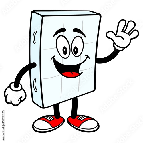 Bed Mattress Mascot Waving - A vector cartoon illustration of a bedroom mattress mascot.