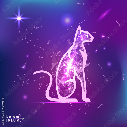 cat. Polygonal wireframe cat silhouette on gradient background. Space, futuristic, zodiac concept. Shine neon style vector illustration