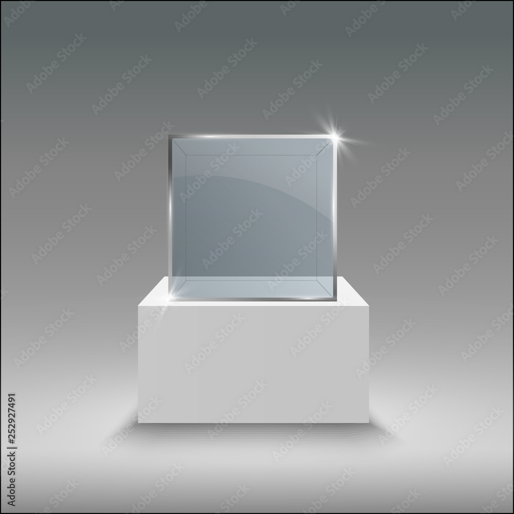 Glass showcase for the exhibition in the form of a cube. Background for sale illuminated by spotlights. Museum glass box isolated advertising or business design boutique. Exhibition hall Glass showcase for the exhibition in the form of a cube. Background for sale illuminated by spotlights. Museum glass box isolated advertising or business design boutique. Exhibition hall