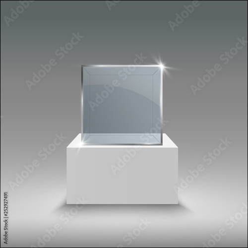 Glass showcase for the exhibition in the form of a cube. Background for sale illuminated by spotlights. Museum glass box isolated advertising or business design boutique. Exhibition hall