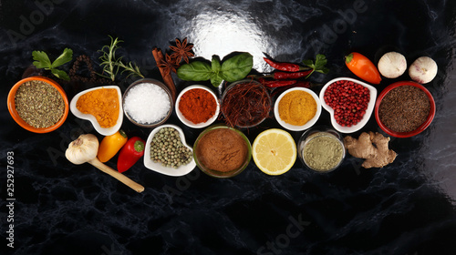 Spices and herbs on table. Food and cuisine ingredients.