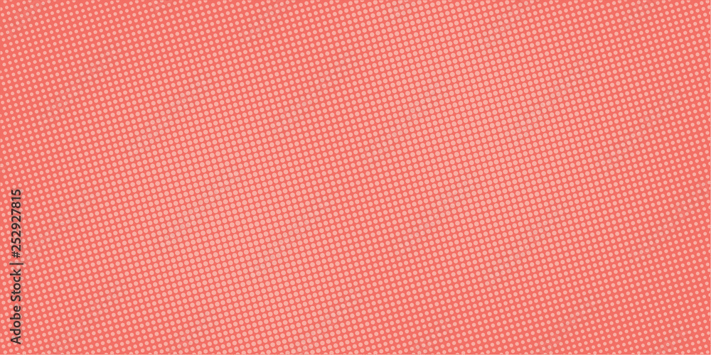 Pop art style banner design, wide screen background in living coral color, halftone dots effect, modern screen print texture, abstract vector background