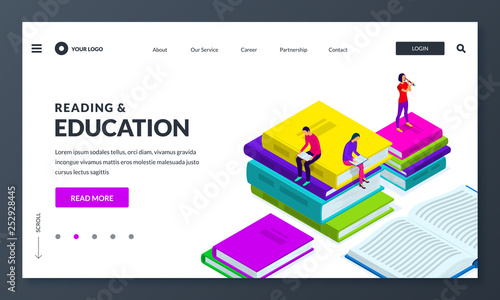 Library, reading books concept. People sitting on books and read. Vector isometric illustration for banner poster design