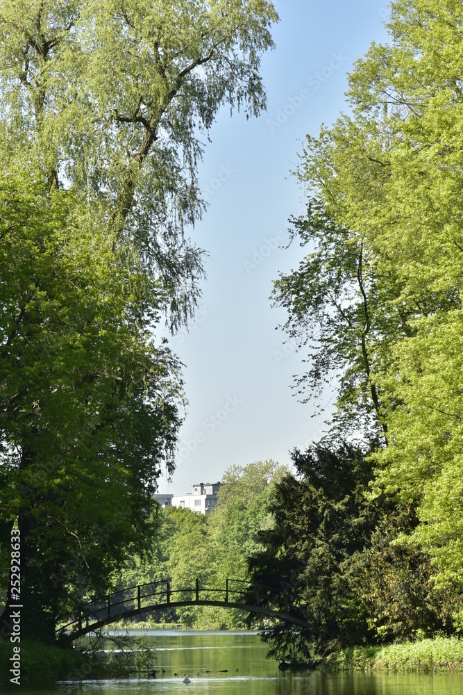 Le pont en ruine enjambant un passage étroit entre les deux étangs principaux du domaine provincial de Rivierenhof à Anvers Le pont en ruine enjambant un passage étroit entre les deux étangs principaux du domaine provincial de Rivierenhof à Anvers