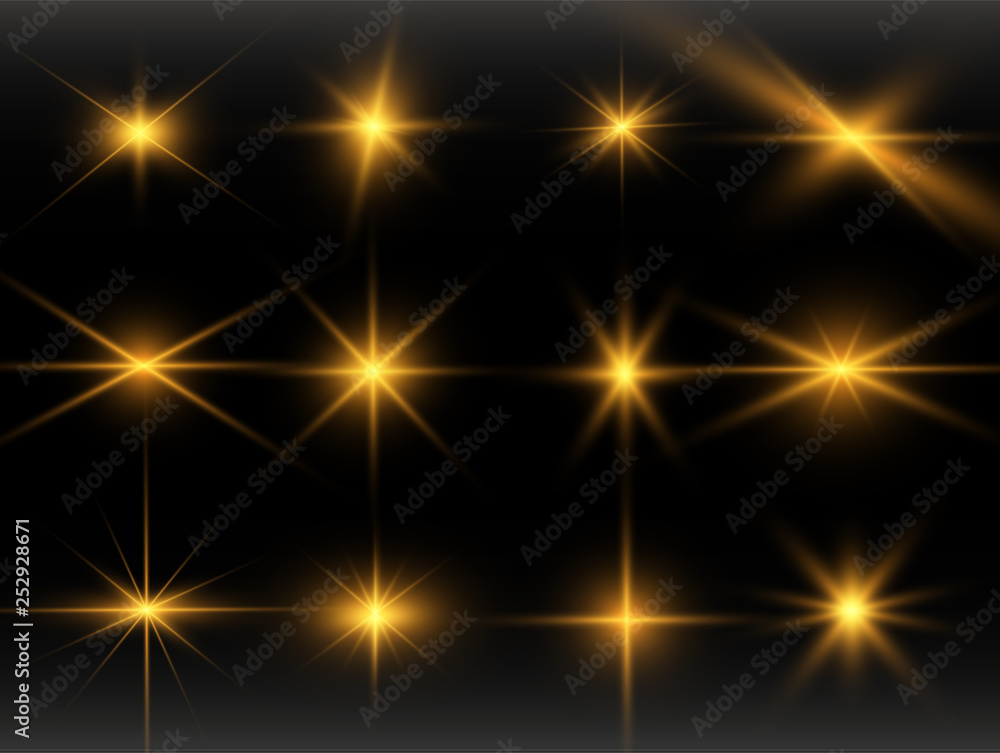 Set of gold bright beautiful stars. Light effect Bright Star. Beautiful light for illustration. Christmas star. White sparks sparkle with a special light. Vector sparkles on transparent background