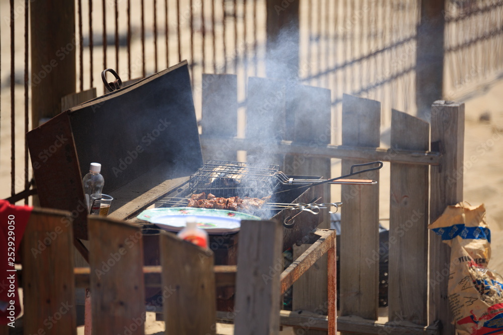 Preparation of a shish kebab in the street, picnic Preparation of a shish kebab in the street, picnic