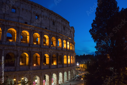 Night at the Great Roman Colosseum  Coliseum  Colosseo   also known as the Flavian Amphitheatre with lights   illumination.