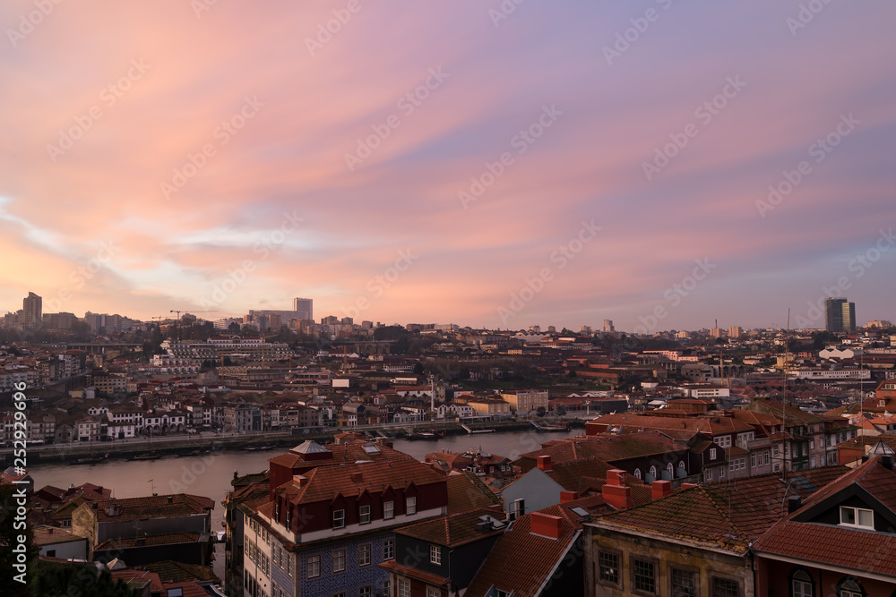 Panoramic view of Old Porto  over Douro river at sunrise, Porto, Portugal