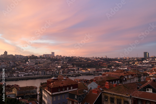 Panoramic view of Old Porto over Douro river at sunrise, Porto, Portugal