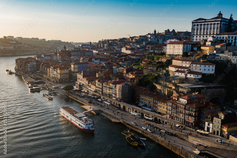 Panoramic view of Old Porto  over Douro river at sunset, Porto, Portugal