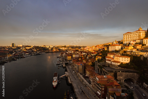 Panoramic view of Old Porto over Douro river at sunset, Porto, Portugal