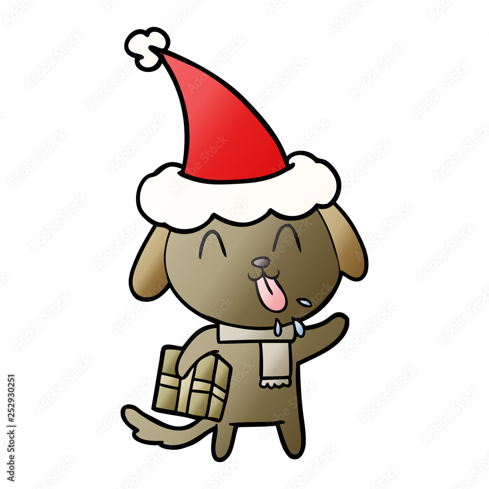 cute gradient cartoon of a dog with christmas present wearing santa hat cute gradient cartoon of a dog with christmas present wearing santa hat