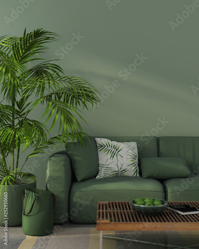 Monochrome interior with green sofa photo