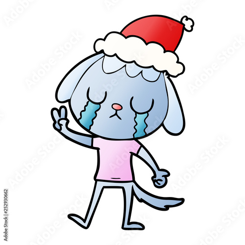 cute gradient cartoon of a dog crying wearing santa hat