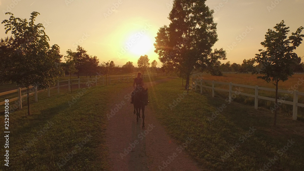 Obraz premium DRONE: Active young woman riding her beautiful mare down an empty gravel track.