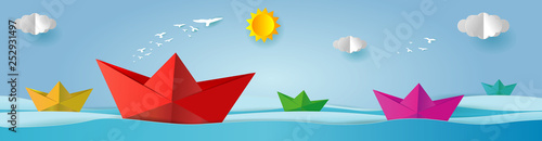 landscape origami boat sailing in the ocean, paper art and digital craft style, leadership concept, flat Vector 