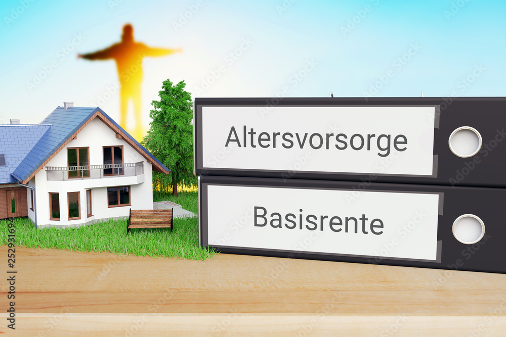 Rürup-Rente. Ordner beschriftet mit den Wörtern Altersvorsorge und Basisrente liegen neben einem Haus-Modell auf einem Schreibtisch. Silhouette und Sonnenuntergang im Hintergrund. Rürup-Rente. Ordner beschriftet mit den Wörtern Altersvorsorge und Basisrente liegen neben einem Haus-Modell auf einem Schreibtisch. Silhouette und Sonnenuntergang im Hintergrund.