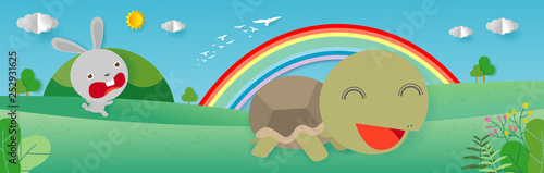 Tortoise and the Hare,Turtle and rabbit racing together to win, Flat style isolated on background. paper art and digital craft style vector illustration