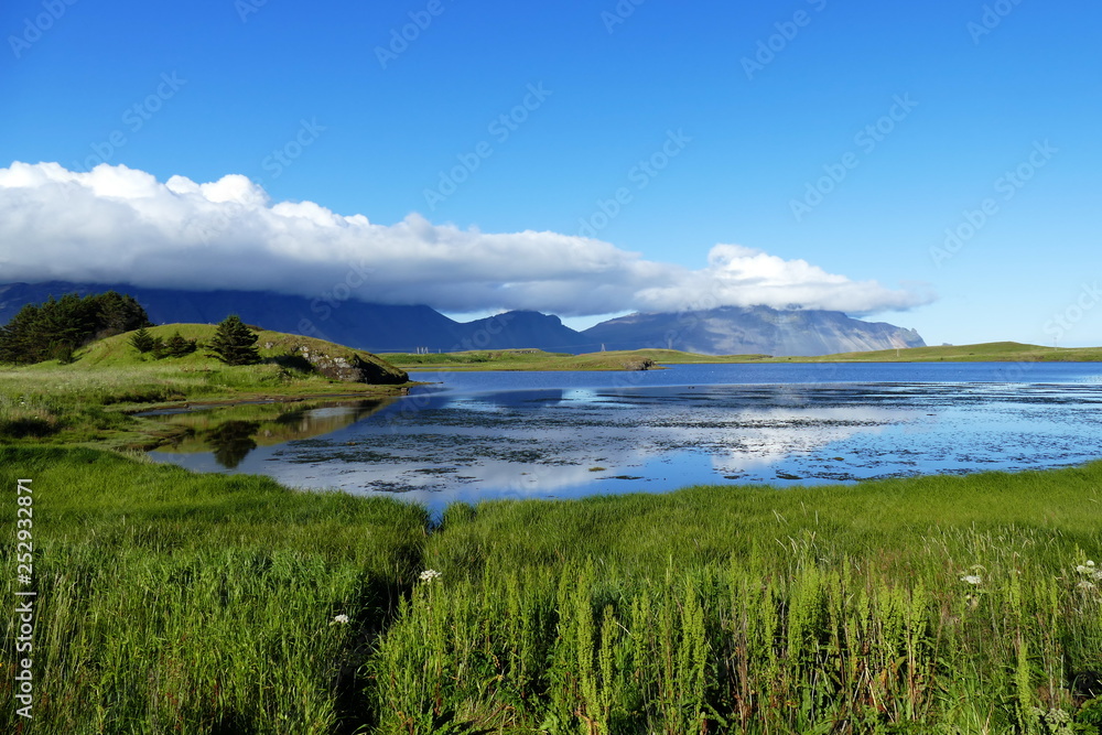 Scenic lake by the campsite in Höfn, Iceland