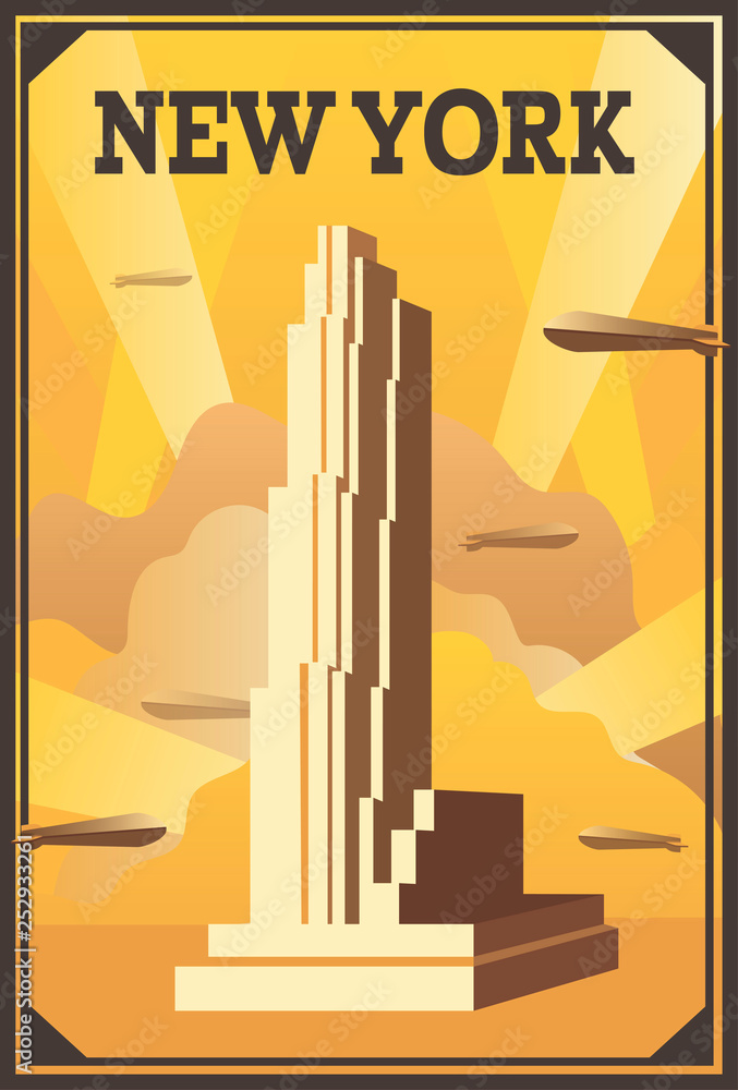 Vector retro poster in art Deco style. New York. Vertical background. Vintage travel illustration. Zeppelin airship Stock-vektor | Adobe Stock