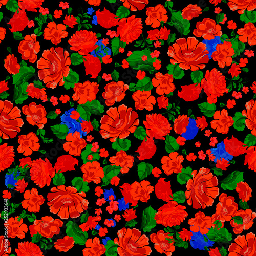 Folklore seamless pattern with red flowers. Vector patch for print.