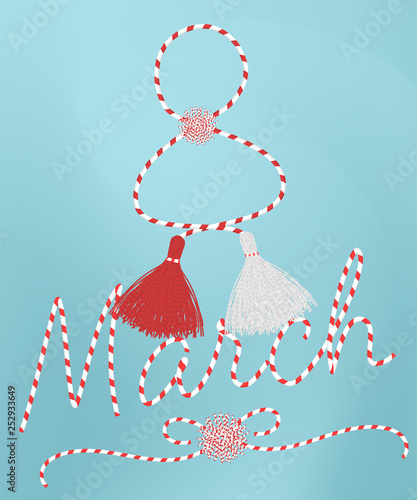 Hello spring! 8 march  postcard with handmade martisor celebrating elements and lettering 