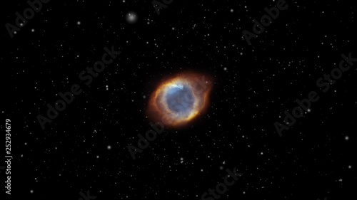 Ring nebula Messier 57 exploration on deep space, burst and clouds, 3d animation. Contains public domain image from Nasa photo