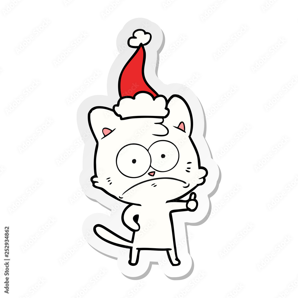sticker cartoon of a nervous cat wearing santa hat sticker cartoon of a nervous cat wearing santa hat