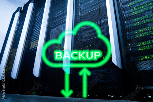 Backup System Recovery Technology Concept on modern server room background.