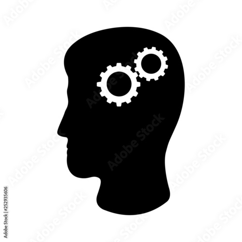 Icon of man's head and cogwheels. Concept of rational and practical thinking. Vector Illustration