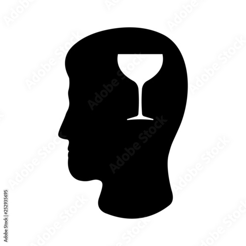 Icon of man's head and wine glass. Concept of drinking, partying, hangover or alcohol dependence . Vector Illustration