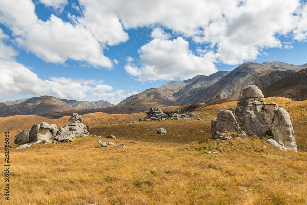 limestone rock formation on grassy hills of Castle Hill Reserve, South Island, New Zealand